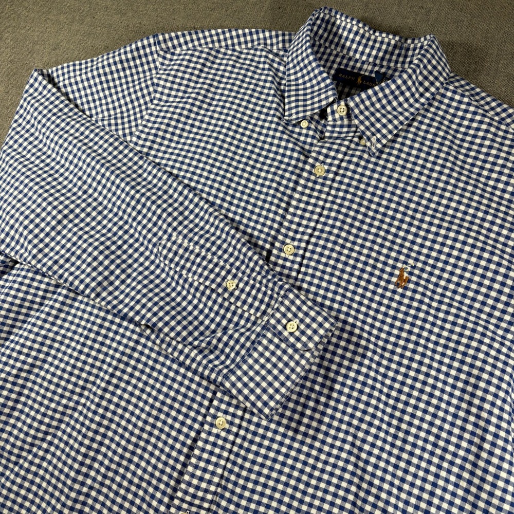 Polo Ralph Lauren Button Down Shirt Mens 2XL Blue Gingham Plaid Flesh Pony Logo